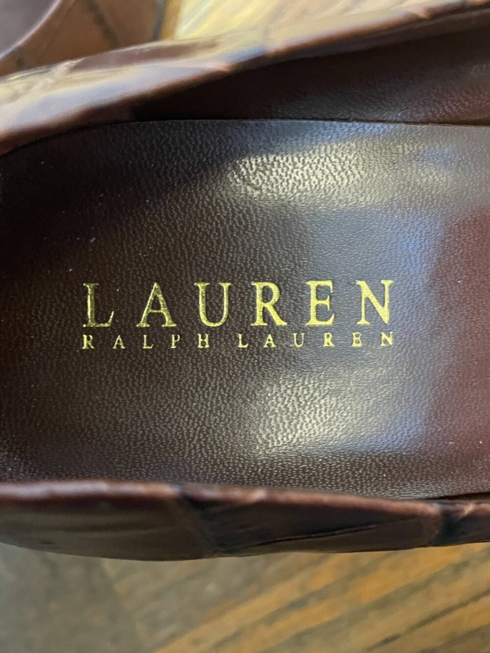 LAUREN Ralph Lauren Brown Leather Croc Embossed 3.75 Heel S 10 - Picture 2 of 9